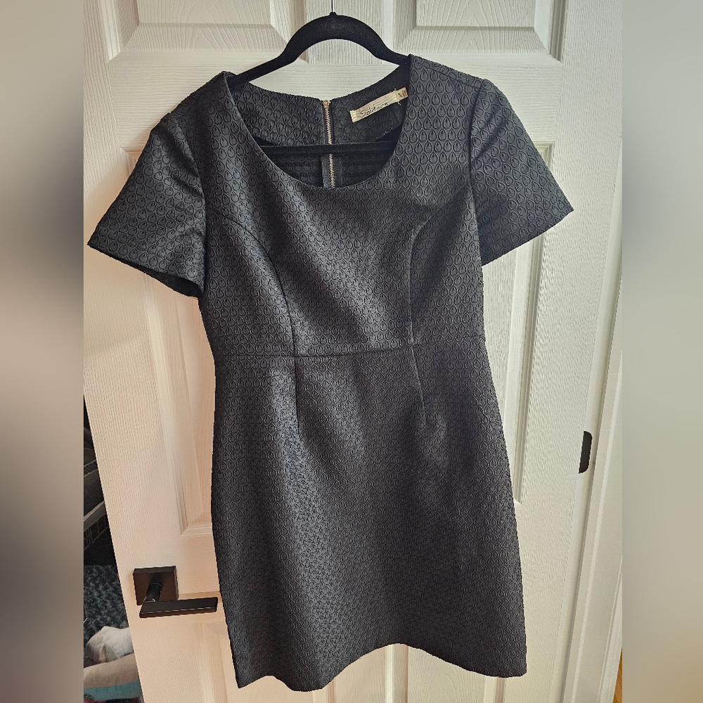 Woman’s Black Solitaire  Short Sleeve Fit and Flare Jewel Neck Dress Size Medium